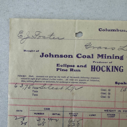 Johnson Coal Mining Company Receipt Invoice Document Letterhead 1908 Columbus OH