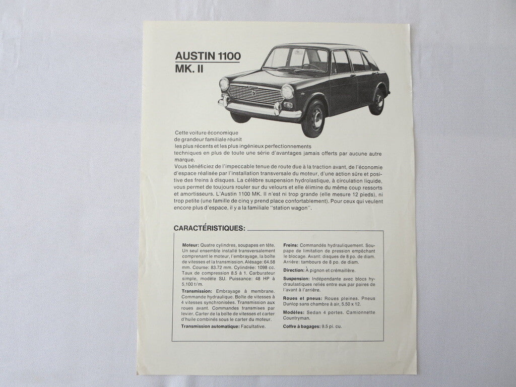 1960s Austin 1100 MK II Sales Sheet Brochure MKII FRENCH Canadian 