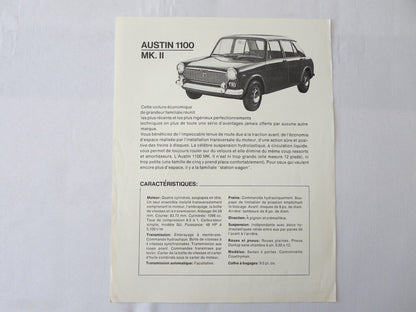 1960s Austin 1100 MK II Sales Sheet Brochure MKII FRENCH Canadian 