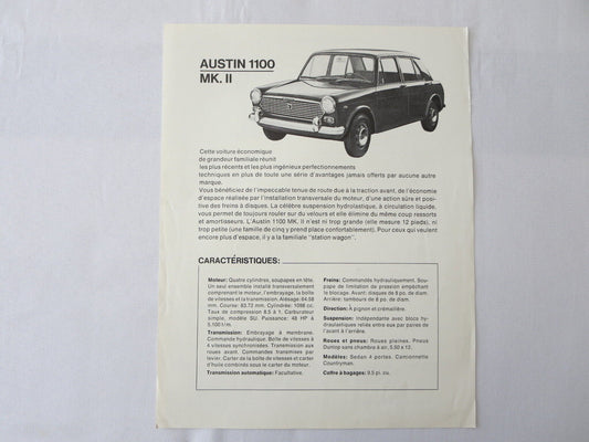 1960s Austin 1100 MK II Sales Sheet Brochure MKII FRENCH Canadian 