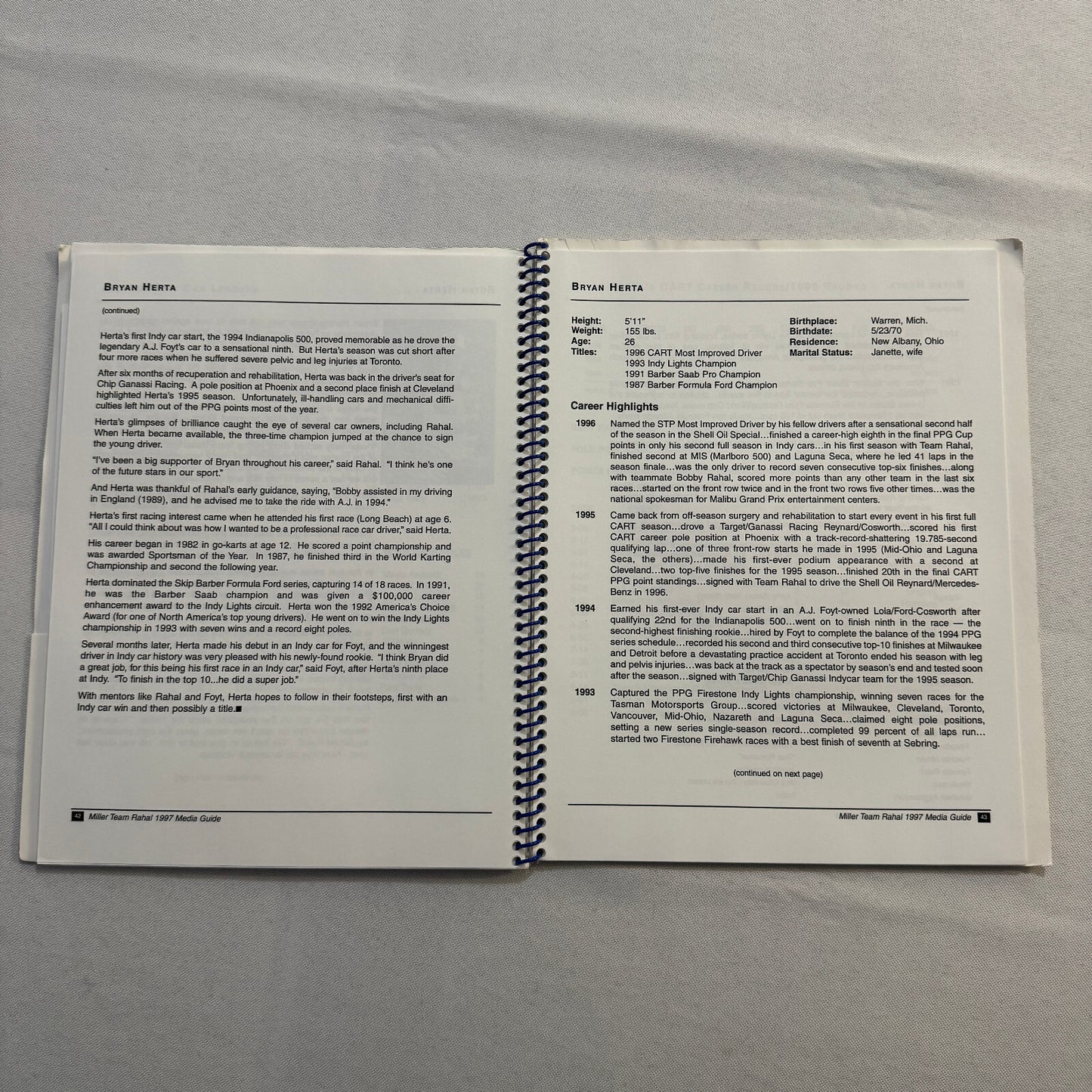1997 CART Racing Bobby Rahal Miller Racing Press Kit Media Guide Bryan Herta +
