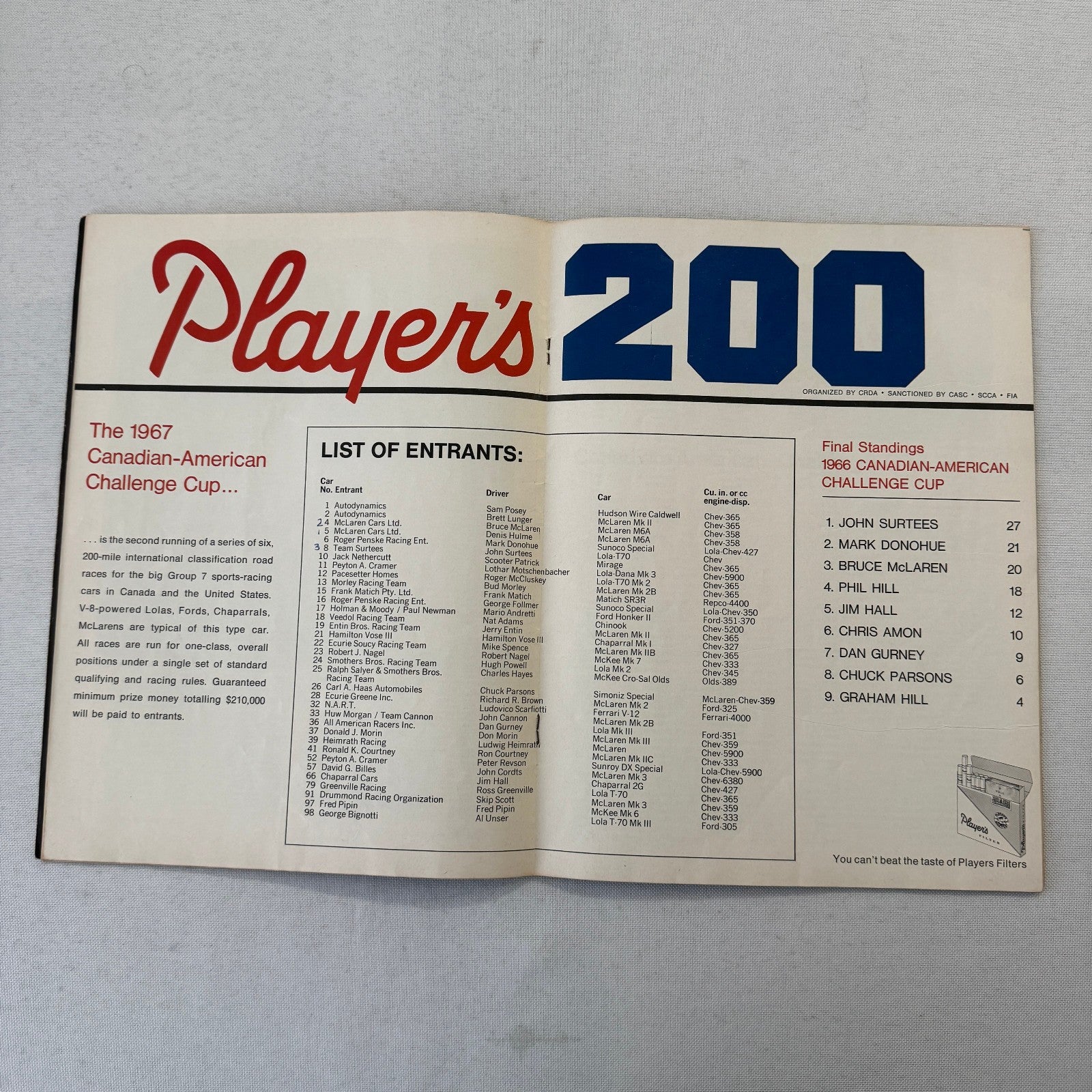1967 Can Am Racing Program Players 200 Mosport Canada CanAm Bruce McLaren +