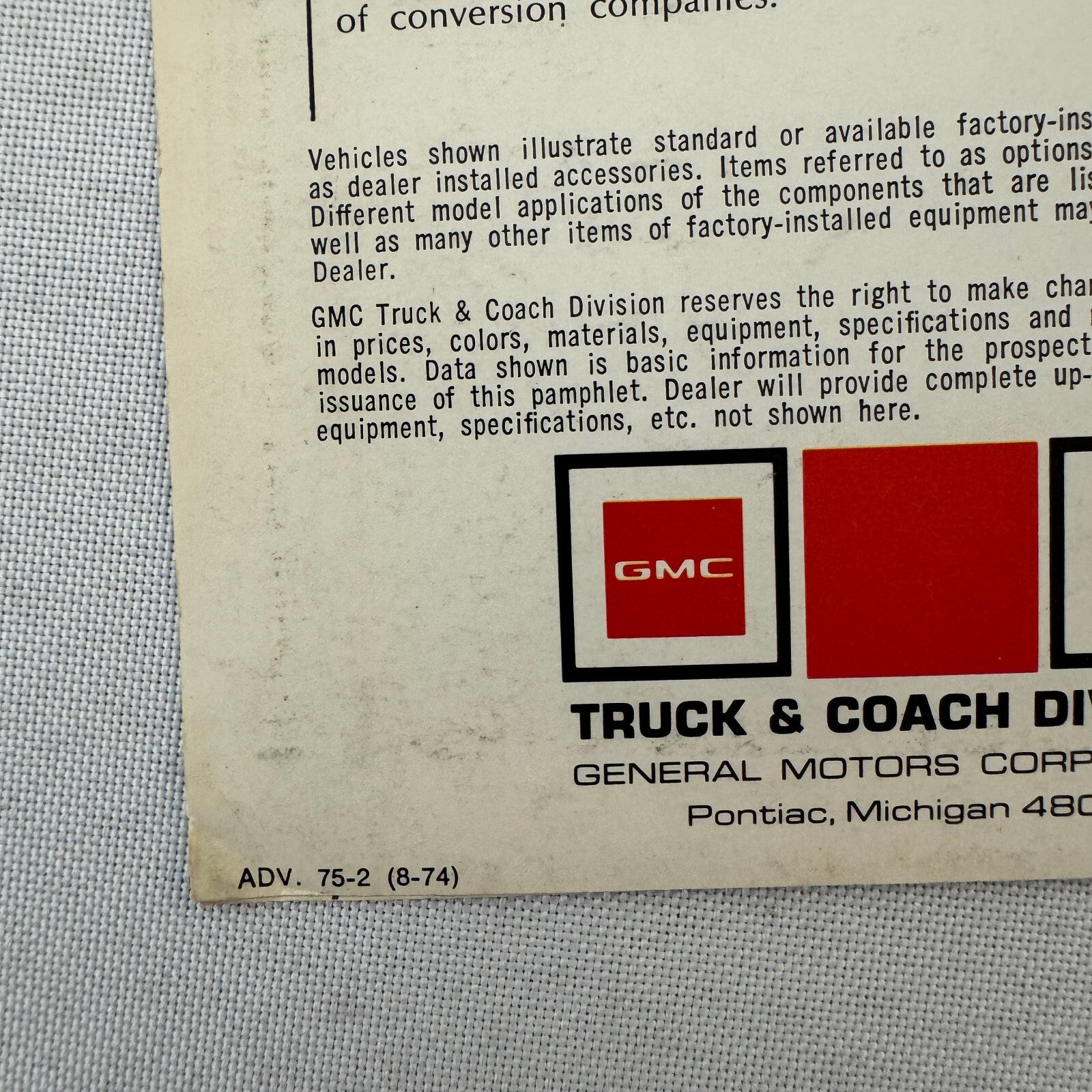 GMC Recreational Vehicles Sales Brochure Catalog Pickup Suburban Jimmy Vandura