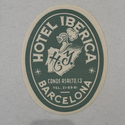 Vintage Hotel Travel Label Hotel Iberica Barcelona Spain Espana