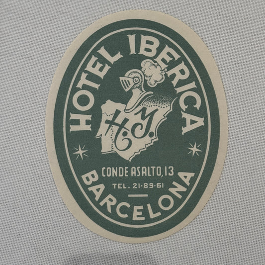 Vintage Hotel Travel Label Hotel Iberica Barcelona Spain Espana