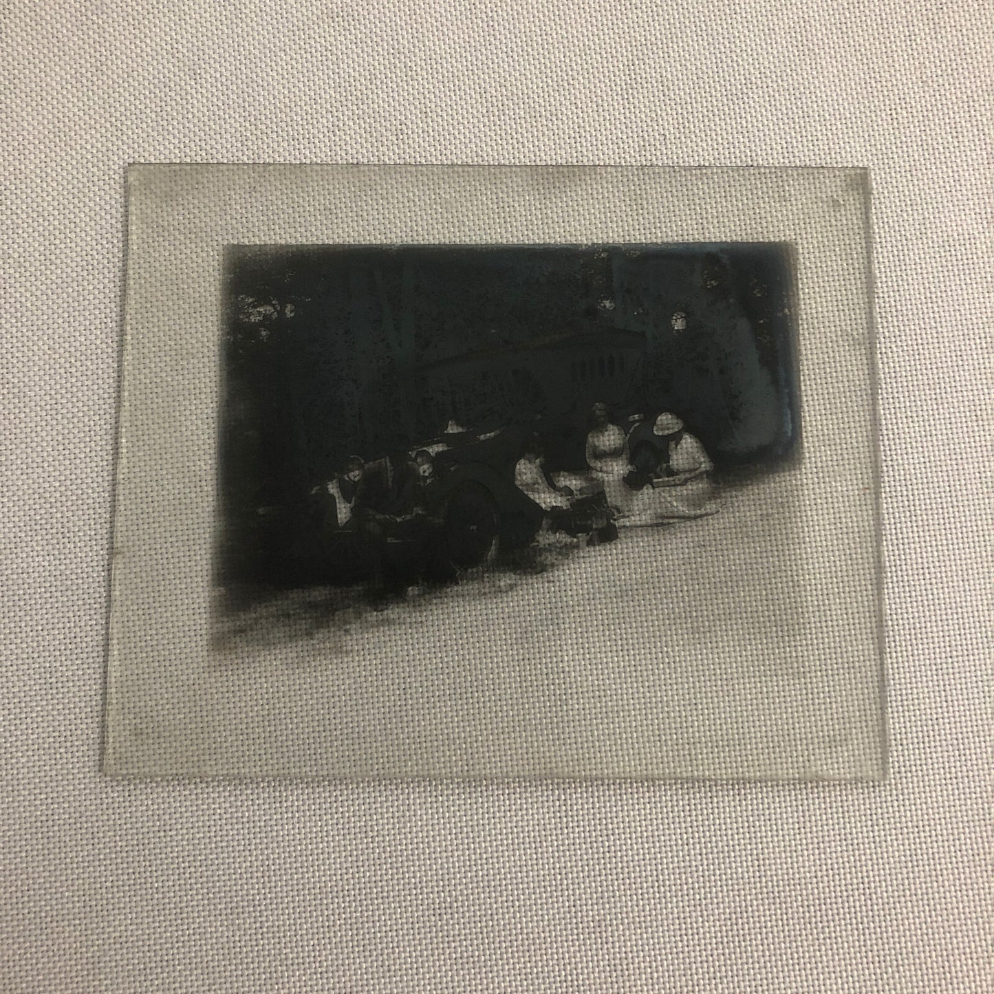 Antique Glass Plate Lantern Slide Photo Car Automobile People Picnic