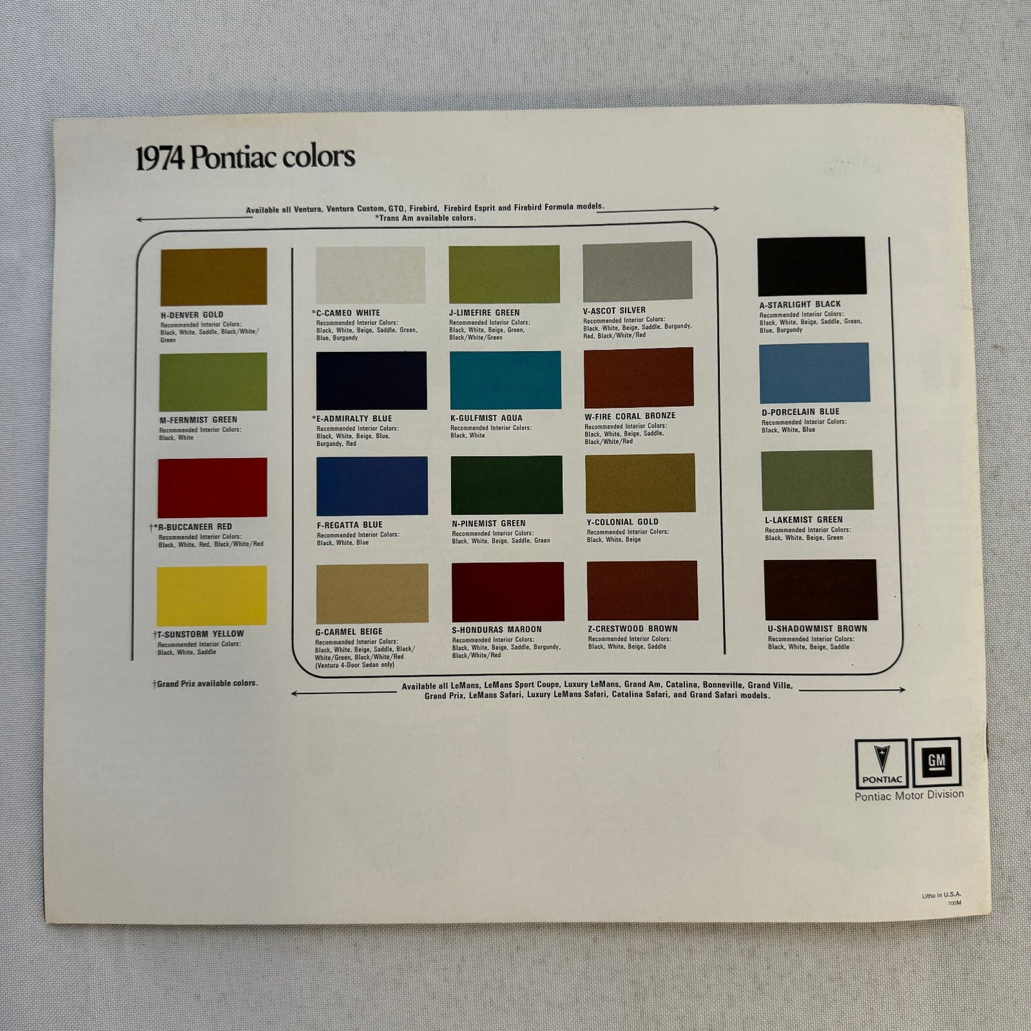 1974 Pontiac Car Sales Brochure Catalog Firebird Grand Prix GTO Ventura Grand Am