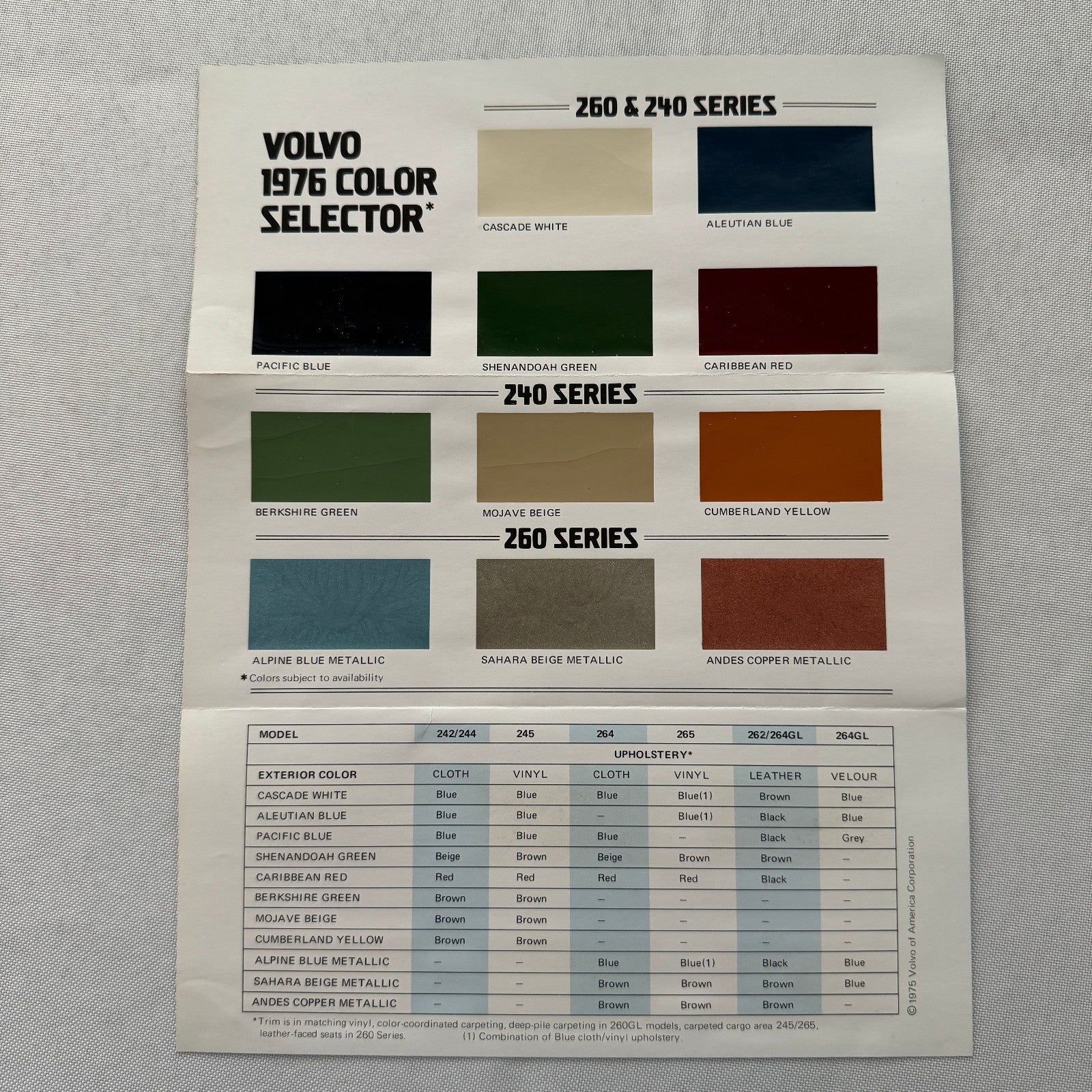 1976 Volvo Colour and Upholstery Car Sales Brochure Vintage 240 260 Series