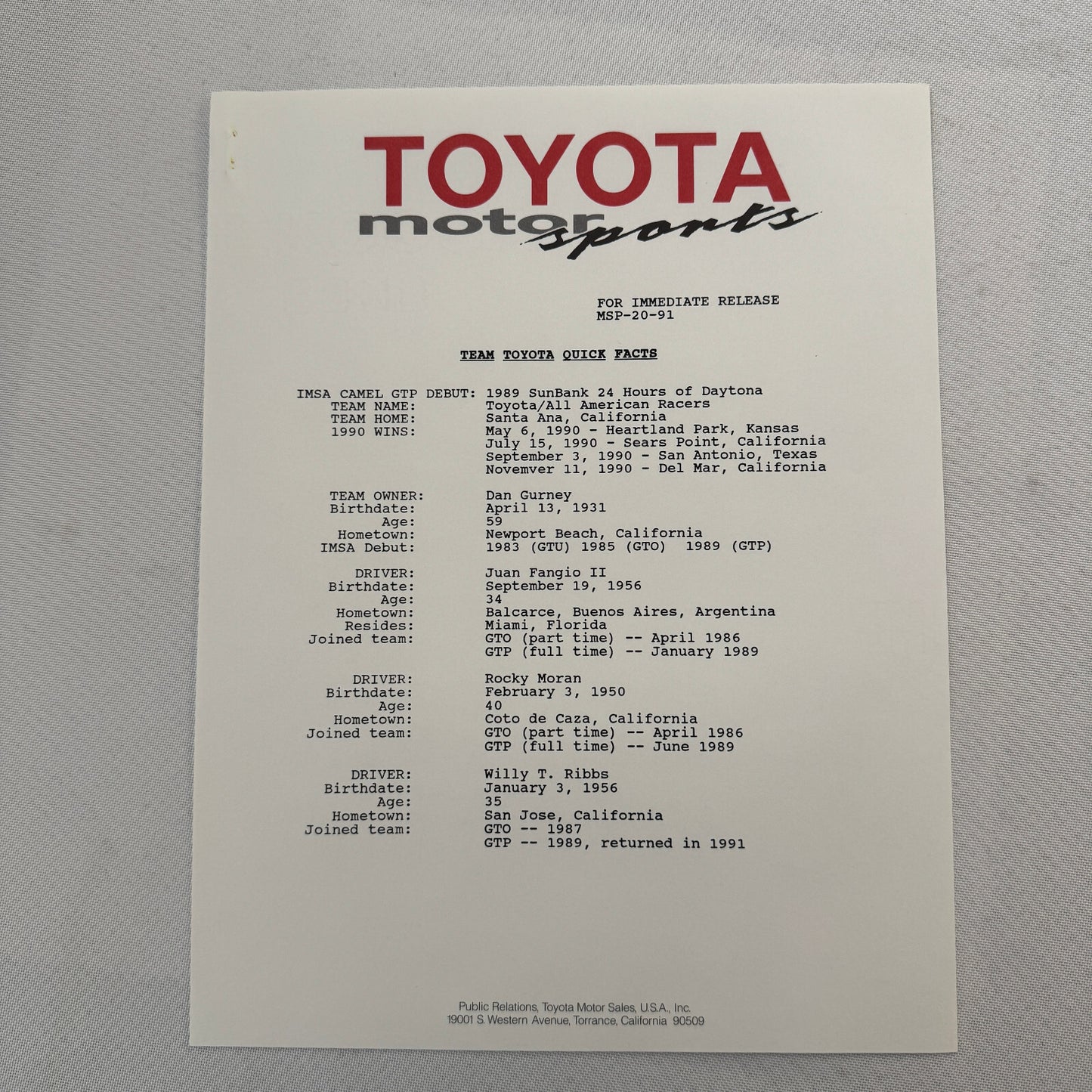 1991 Toyota Motorsport Racing Press Kit Dan Gurney Willy T Ribbs Fangio II