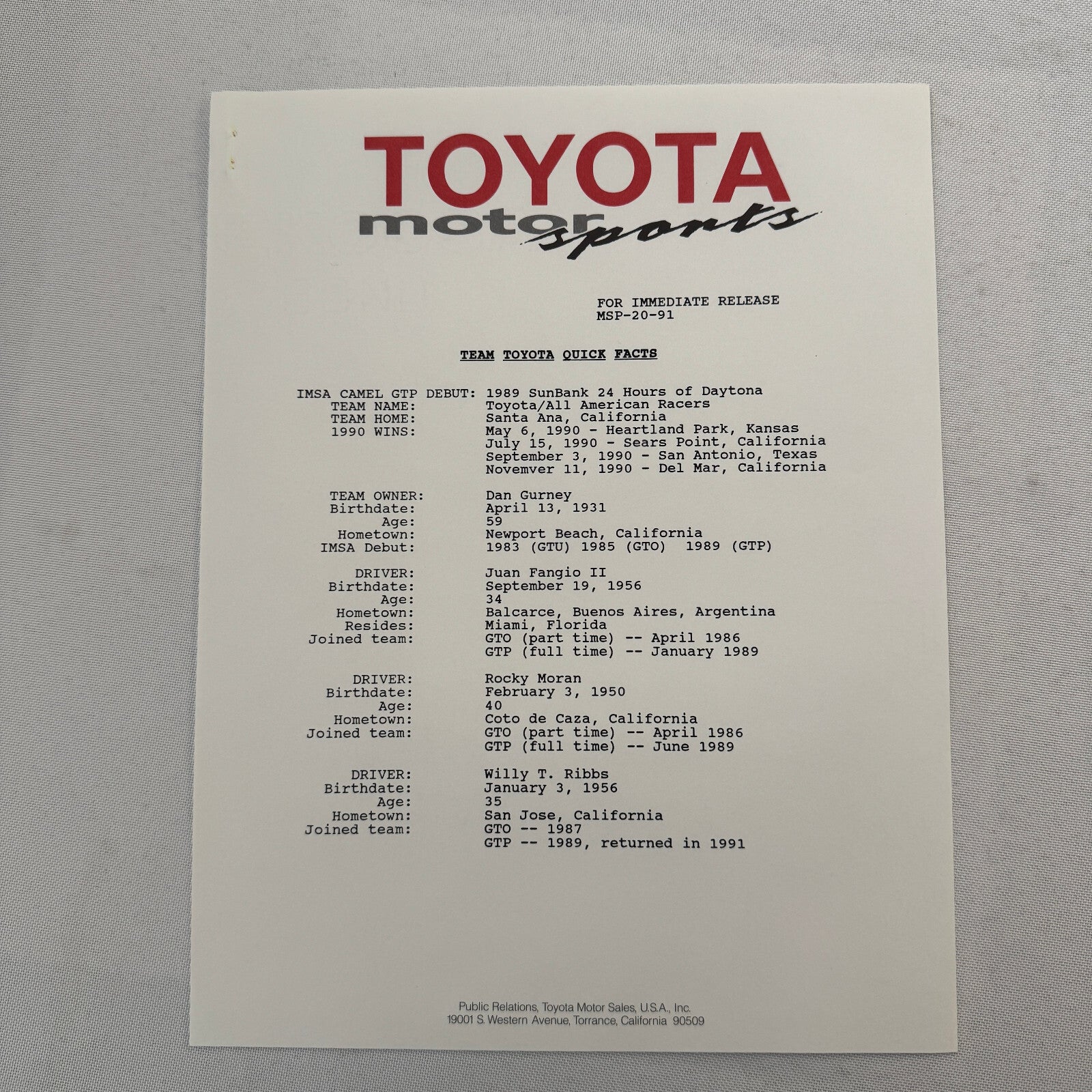 1991 Toyota Motorsport Racing Press Kit Dan Gurney Willy T Ribbs Fangio II