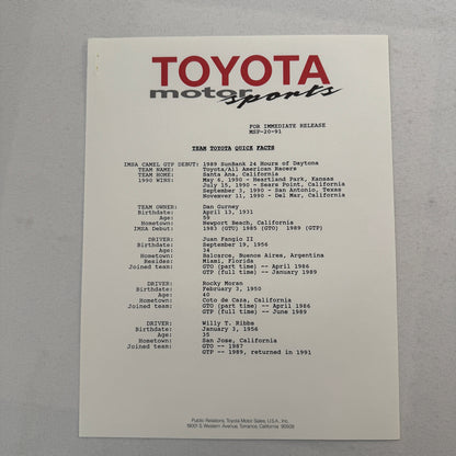 1991 Toyota Motorsport Racing Press Kit Dan Gurney Willy T Ribbs Fangio II