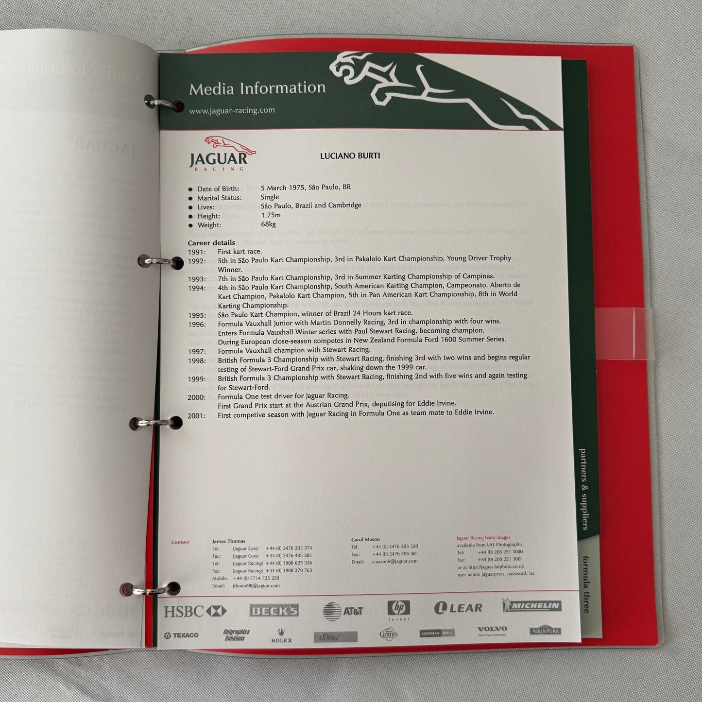 2001 Jaguar Racing Press Kit Formula 3 Formula One F1 Photos Eddie Irvine