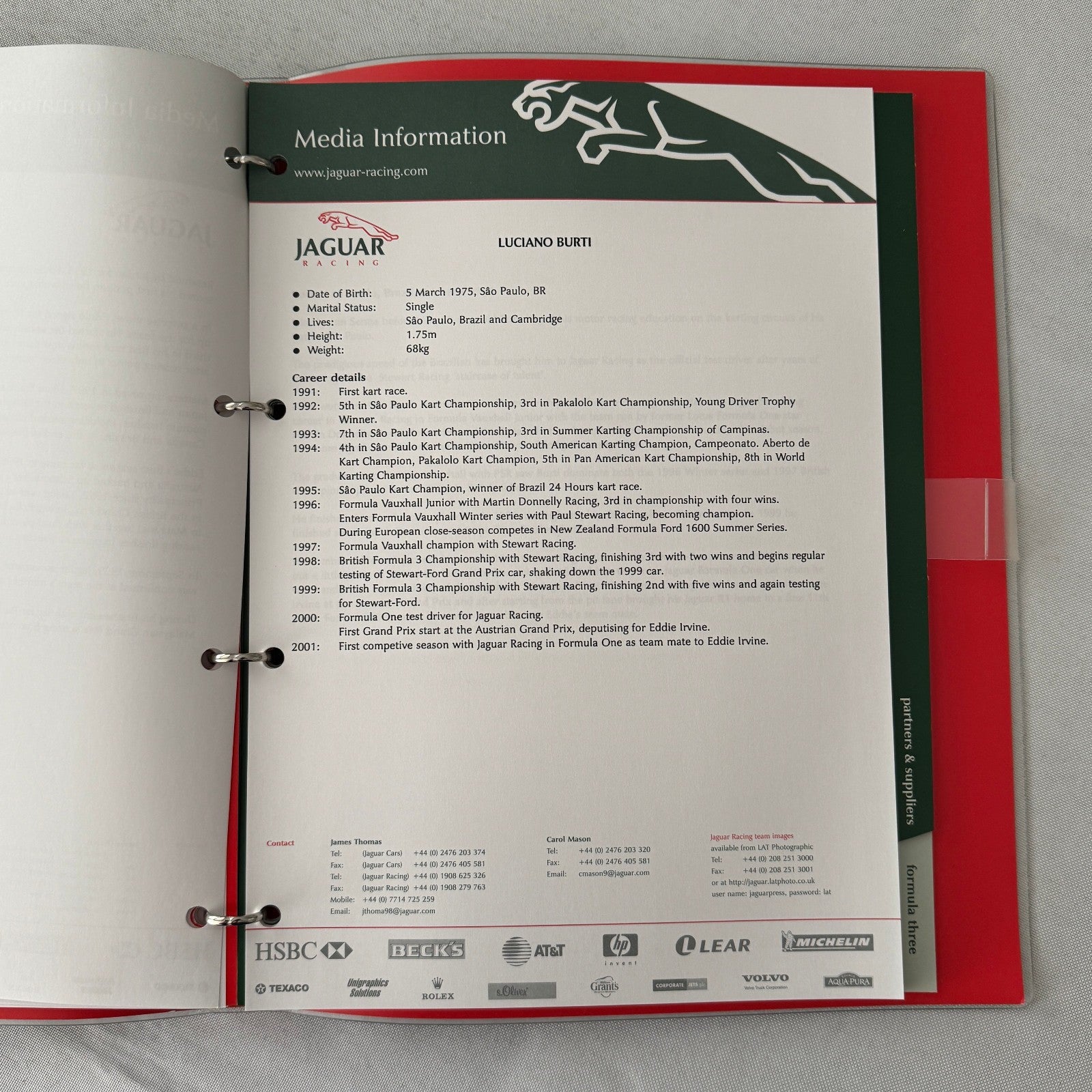 2001 Jaguar Racing Press Kit Formula 3 Formula One F1 Photos Eddie Irvine