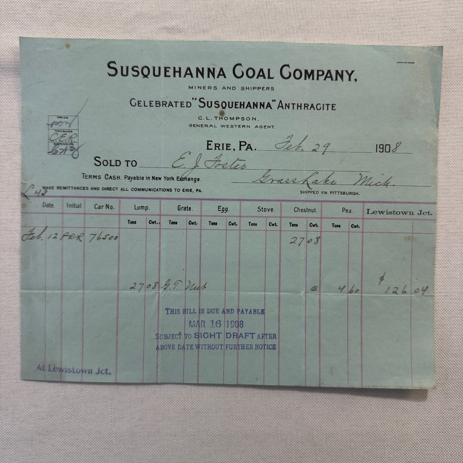 1908 Susquehanna Coal Company Invoice Receipt Document Lot 6x Erie Pennsylvania