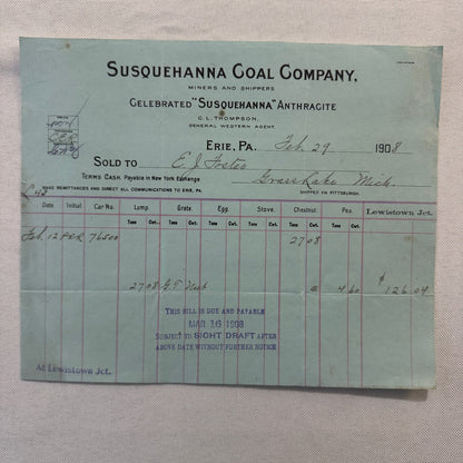 1908 Susquehanna Coal Company Invoice Receipt Document Lot 6x Erie Pennsylvania