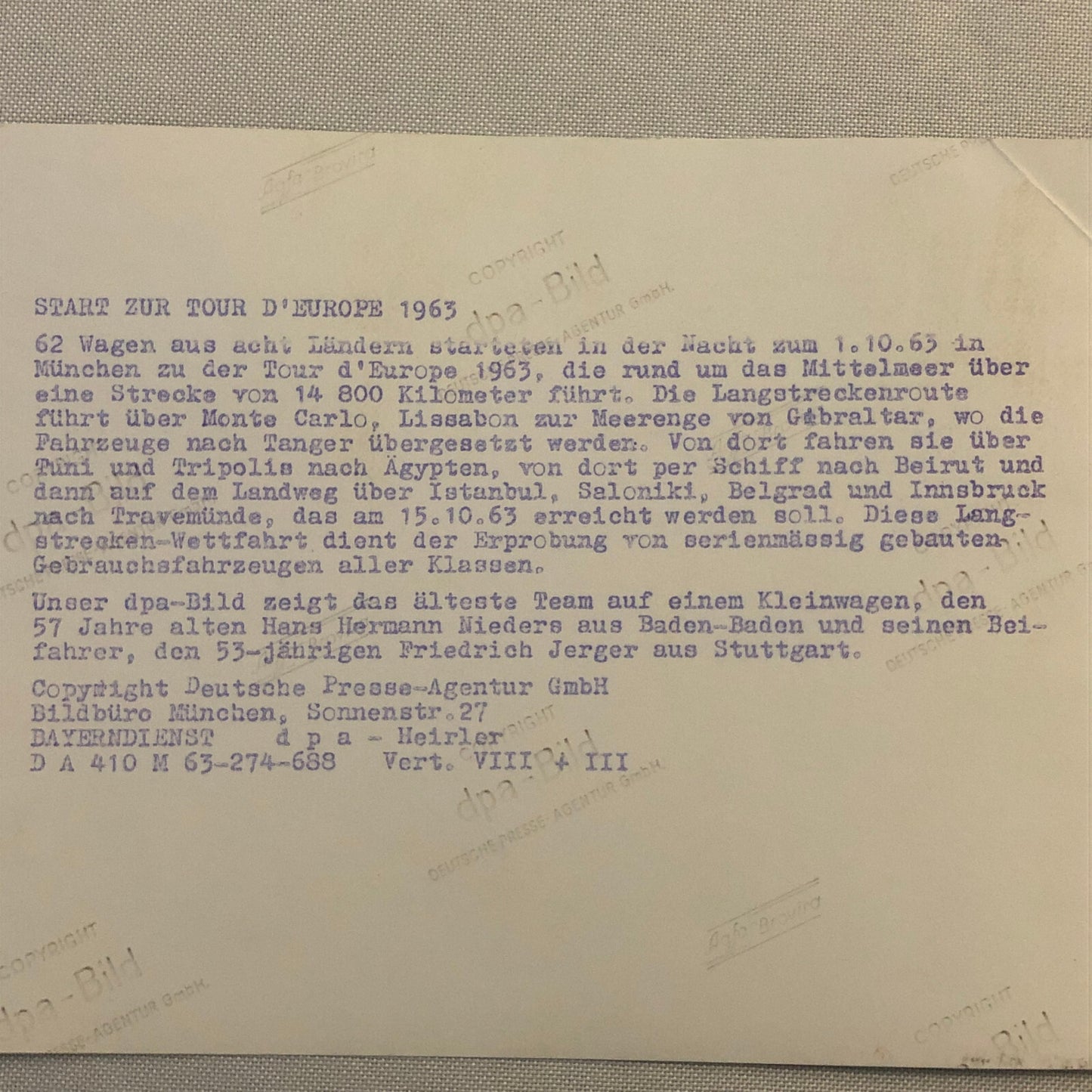 Vintage 1963 Tour d'Europe Car Rally Rallye Racing Press Photo Photograph 
