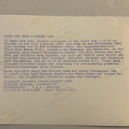 Vintage 1963 Tour d'Europe Car Rally Rallye Racing Press Photo Photograph 