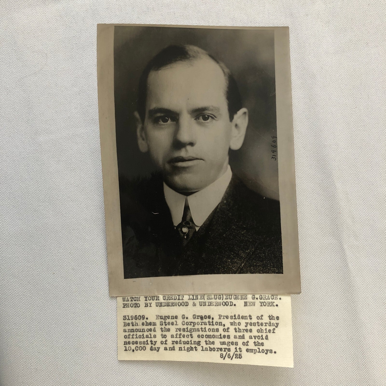 Press Photo Photograph Bethlehem Steel Company President Portrait Eugene G Grace