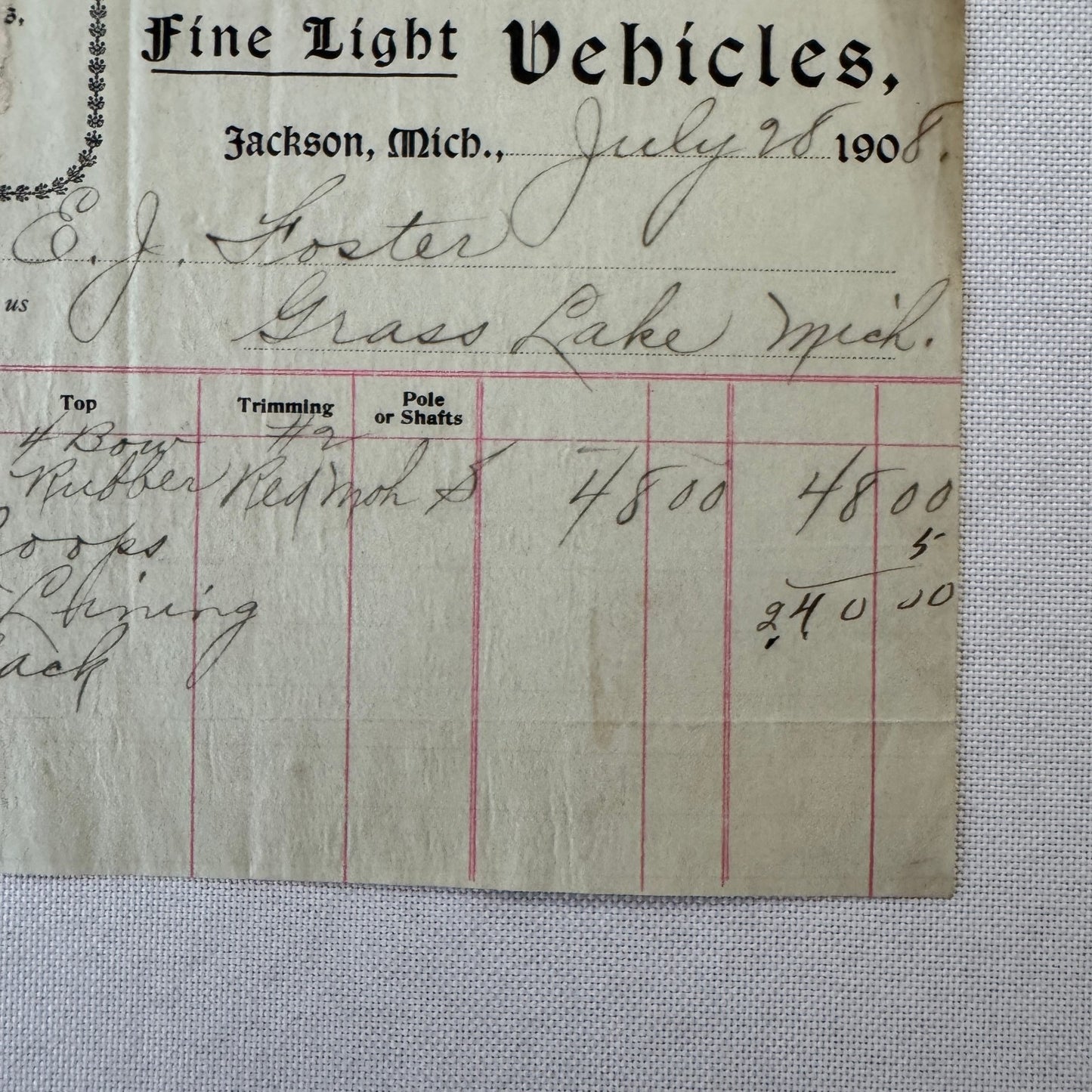 The Ames Dean Carriage Company Jackson Michigan 1908 Receipt Document Lot 2x