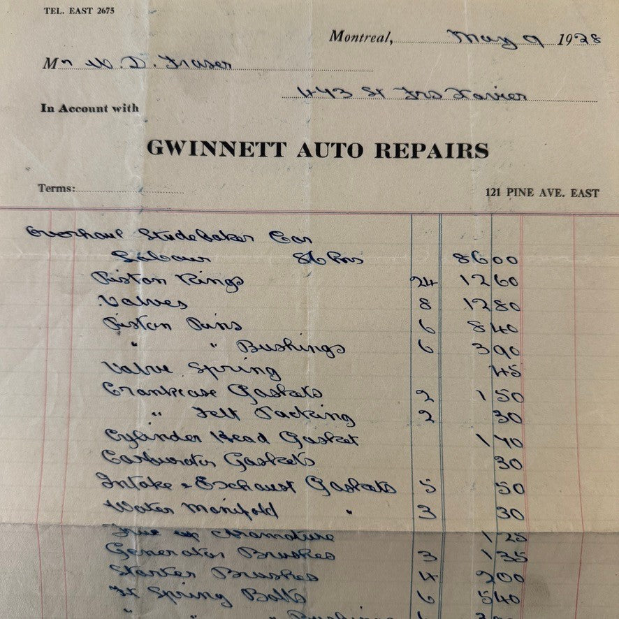 1928 Car Repair Shop Invoice Receipt Document Gwinnett Auto Repairs Montreal