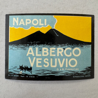 Vintage Hotel Travel Luggage Label Hotel Albergo Vesuvio Napoli Naples Italy