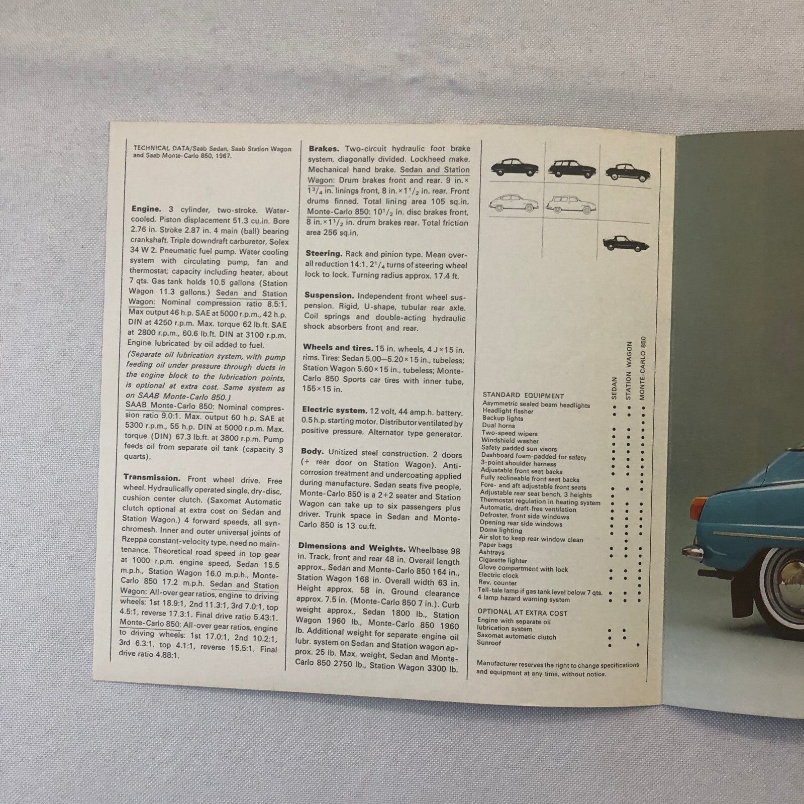Vintage Saab Car Sales Brochure Catalog Sedan Station Wagon Monte Carlo 850