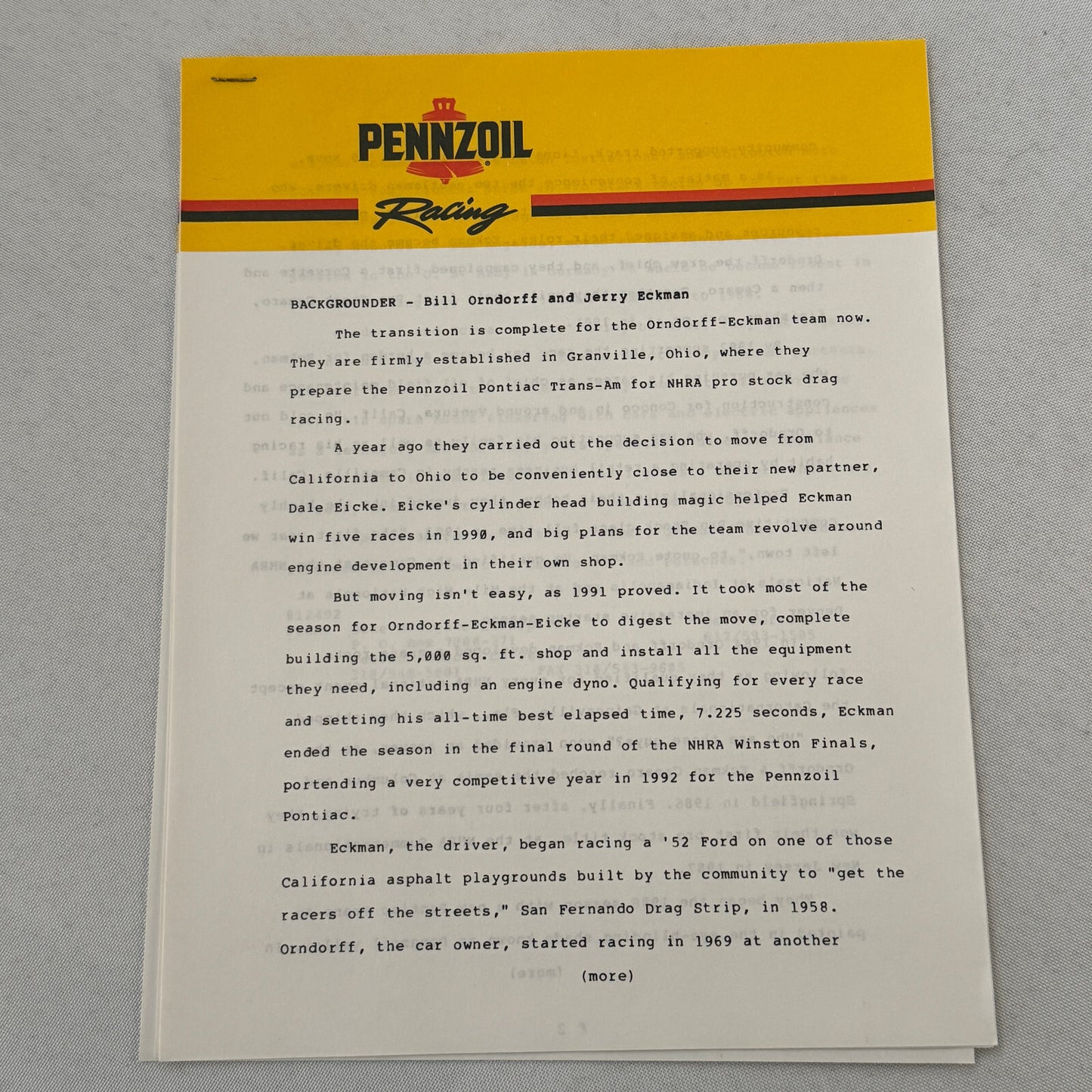 Vintage Pennzoil Racing Press Kit Top Fuel Dragster Pontiac Trans Am