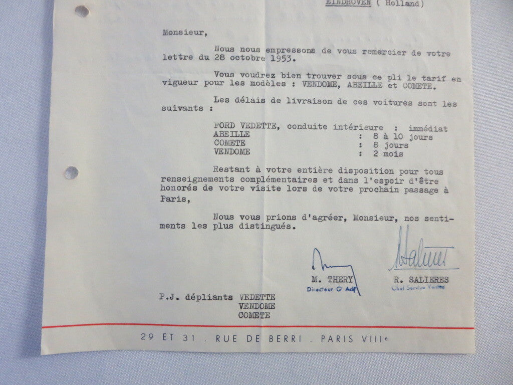 1953 French Ford Dealer Dealership Letter Letterhead Document Car - Berri Artois