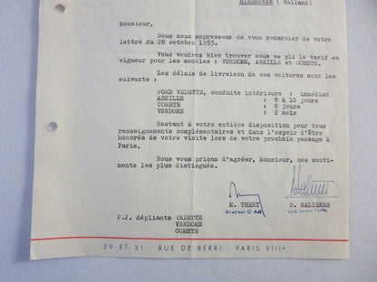 1953 French Ford Dealer Dealership Letter Letterhead Document Car - Berri Artois