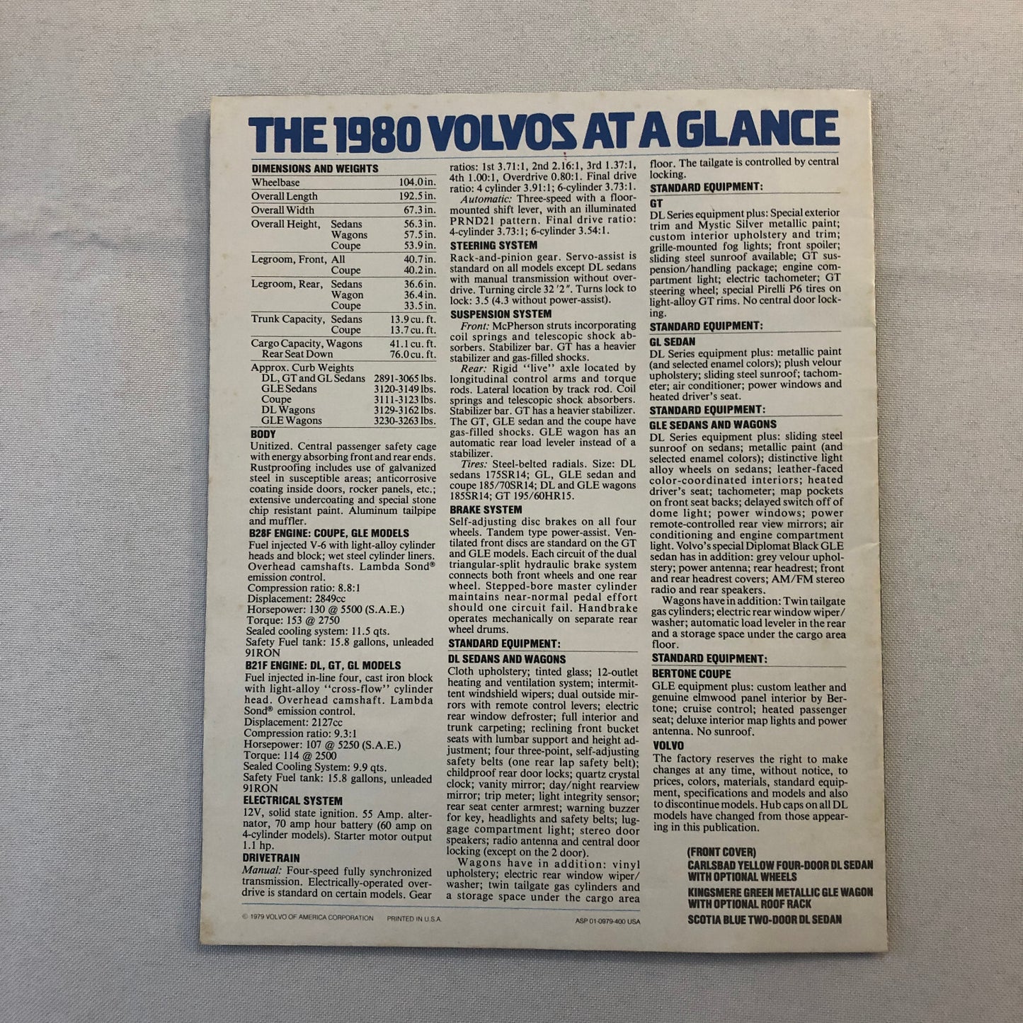 1980 Volvo Car Sales Brochure Catalog Bertone Coupe DL GLE Station Wagon GT