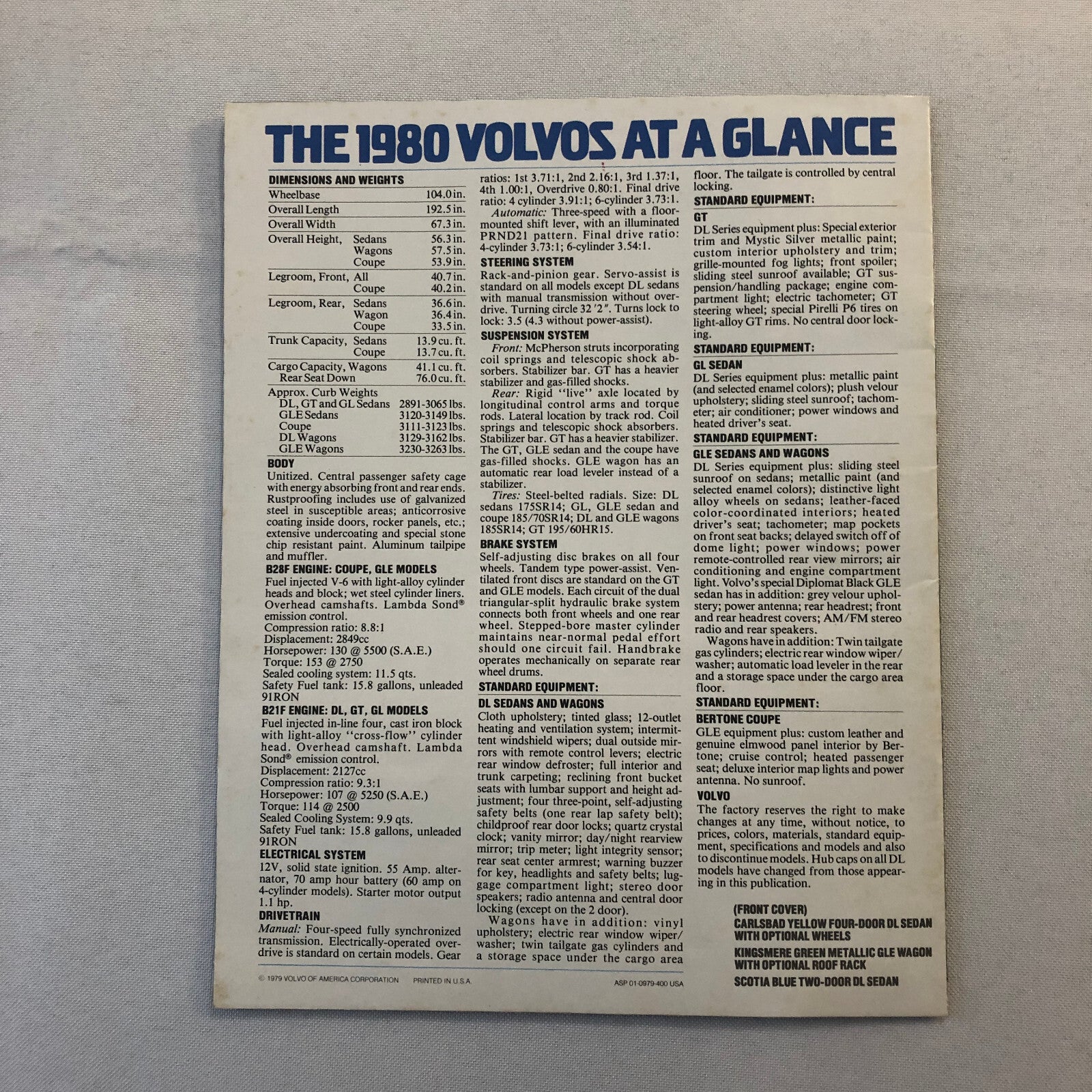 1980 Volvo Car Sales Brochure Catalog Bertone Coupe DL GLE Station Wagon GT