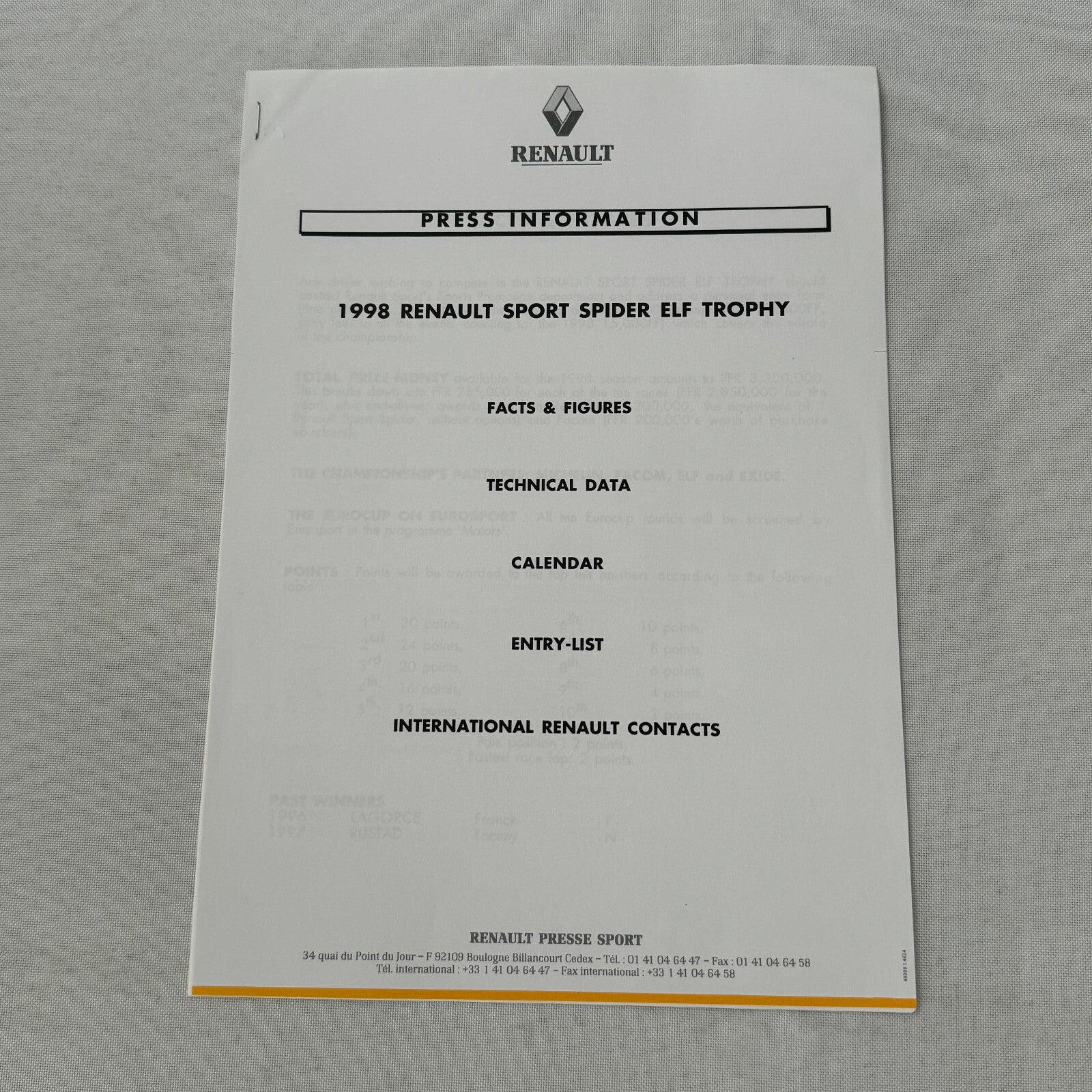 1998 Renault Sport Spider ELF Trophy Racing Press Kit Photos Documents