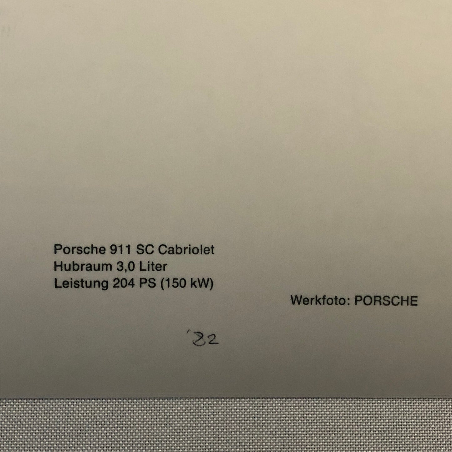 Vintage Porsche 911 SC Cabriolet Convertible Werkfoto Press Photo Photograph