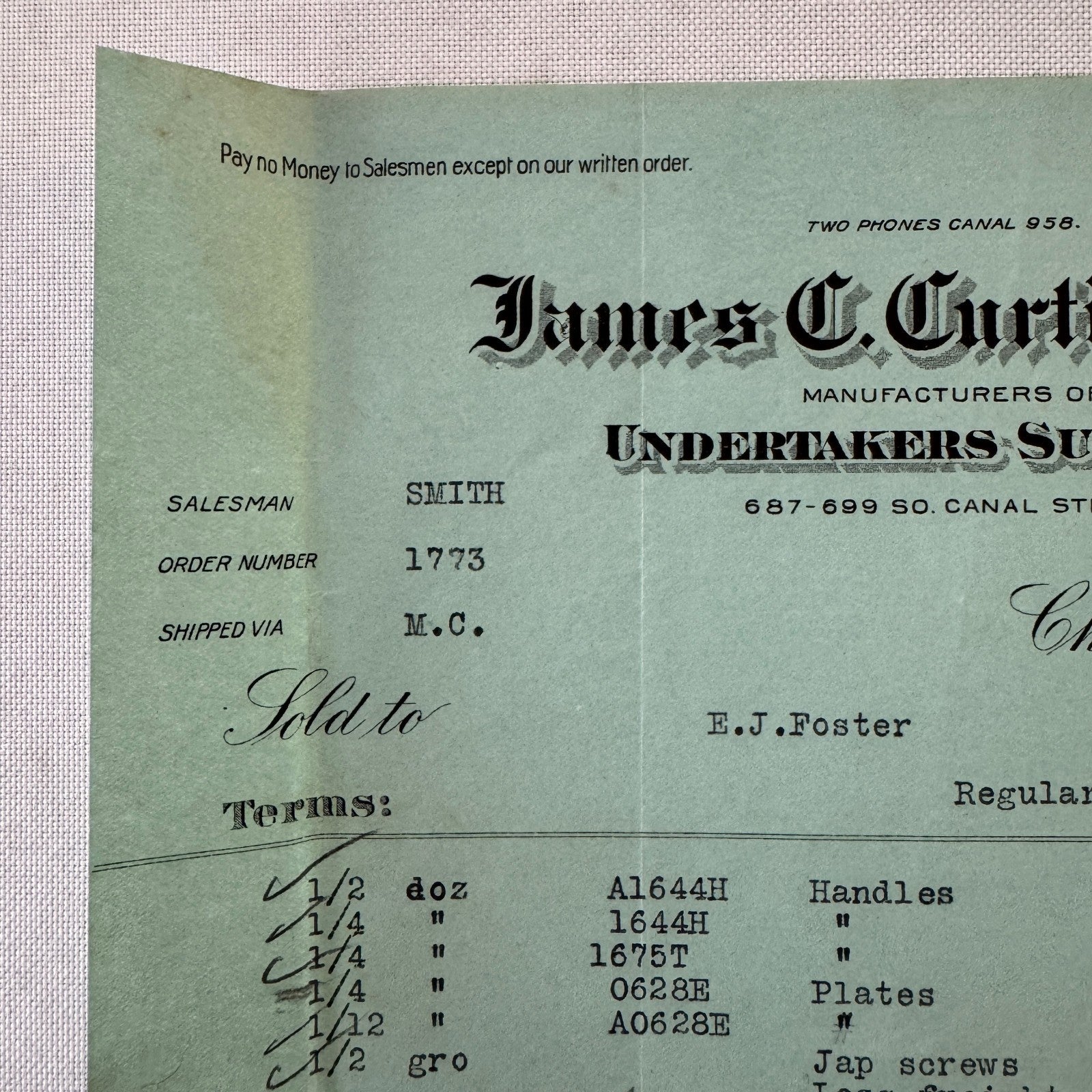 James C Curtis Company Undertakers Supplies Invoice Document 1908 Chicago