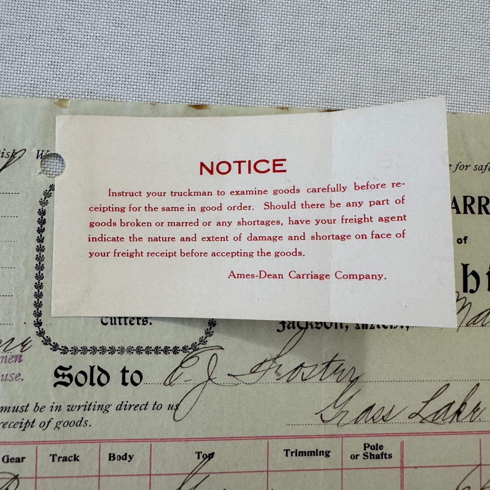 The Ames Dean Carriage Company Jackson Michigan 1908 Receipt Document Lot 2x