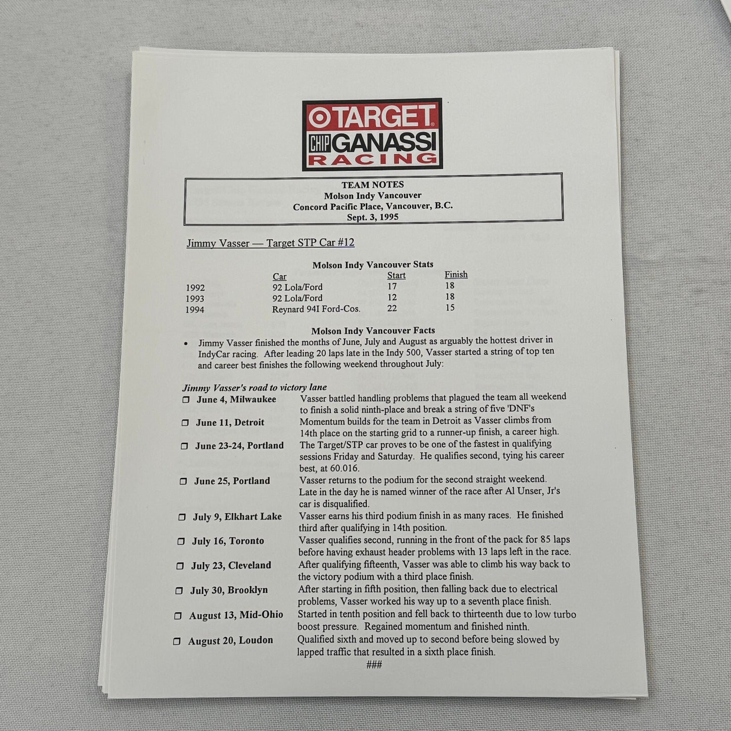 1995 Target Chip Ganassi Racing Press KIt Photo Bryan Herta Jimmy Vasser