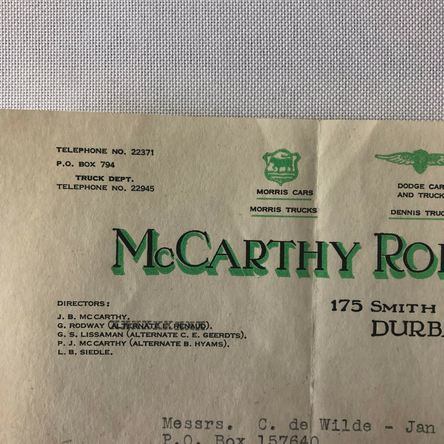 1947 Morris Dodge & Packard Car and Truck Dealership Letter Letterhead Document 