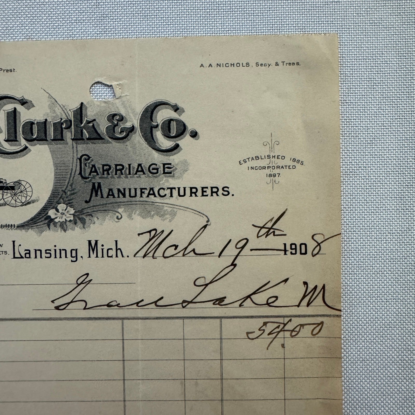Clark and Company Carriage Manufacturer Letterhead Document Lansing MI 1908