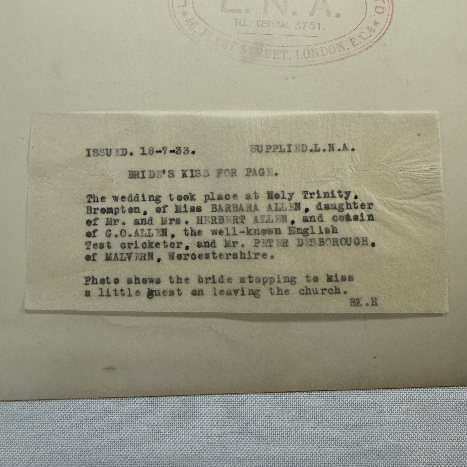 1933 Wedding Press Photo Photograph British London News Agency Cricketer