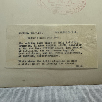 1933 Wedding Press Photo Photograph British London News Agency Cricketer