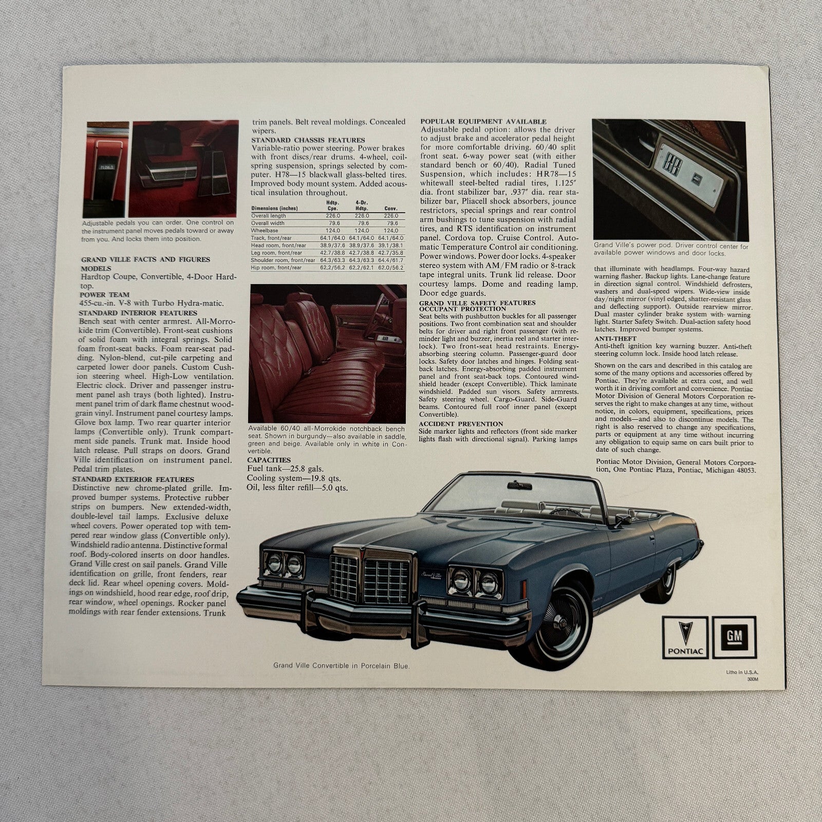 1974 Pontiac Grand Ville Car Sales Brochure Catalog Advertising