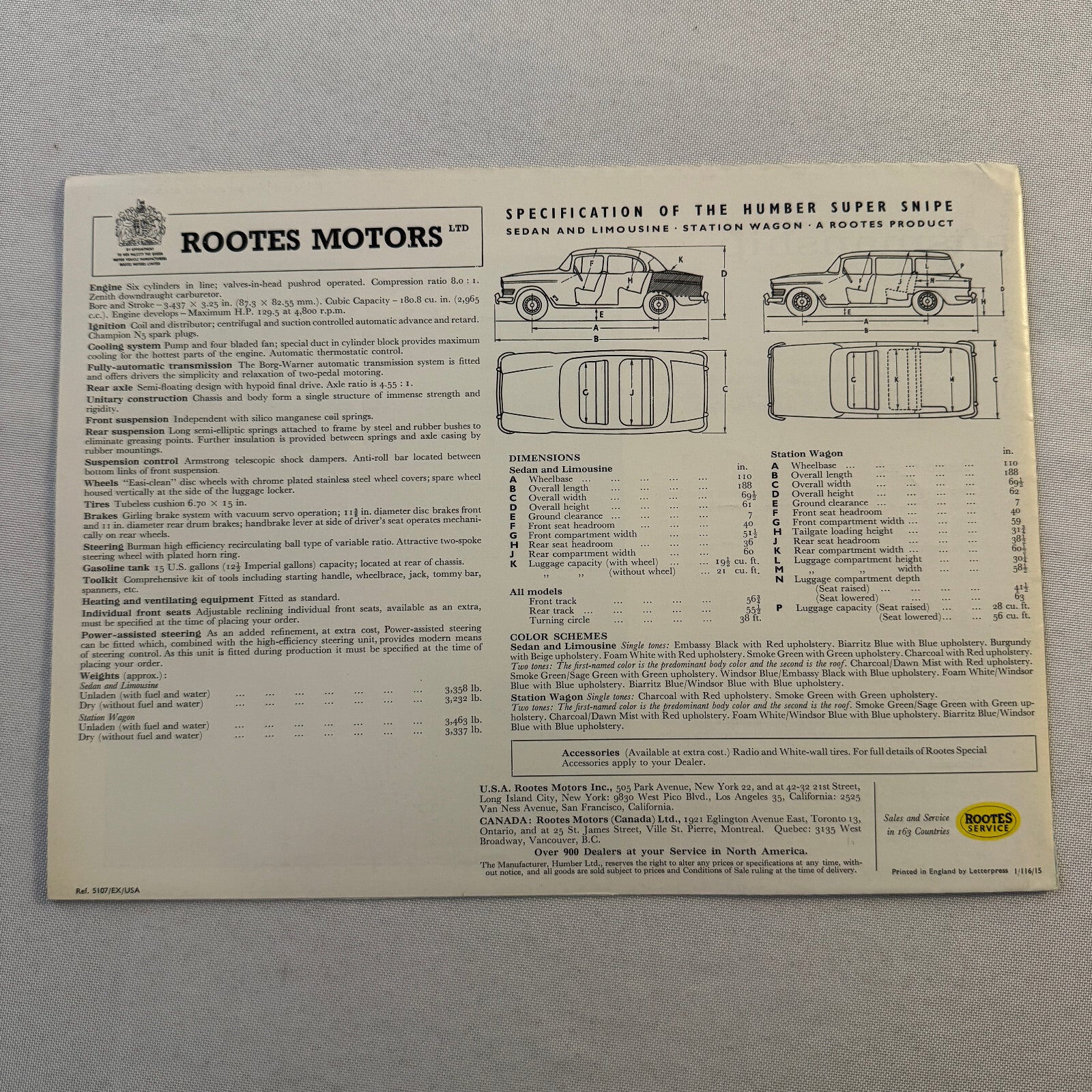 Humber Super Snipe Car Sales Brochure Catalog Advertising