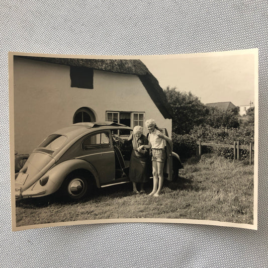Vintage Photo Photograph Snapshot Women with VW Volkswagen Beetle Bug Car