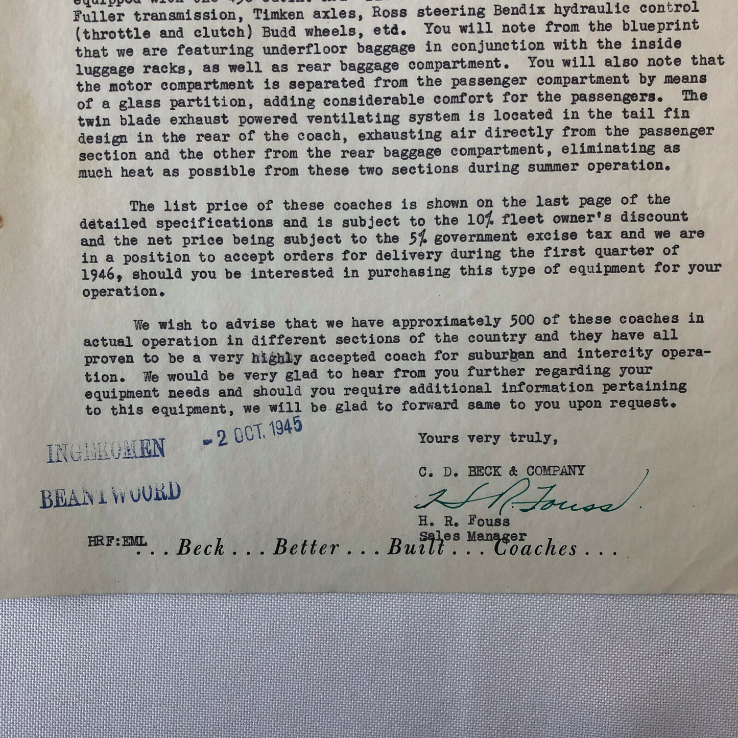 1945 CD Beck Company Safety Coach Bus Letter Letterhead Document Mainliner +