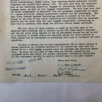 1945 CD Beck Company Safety Coach Bus Letter Letterhead Document Mainliner +