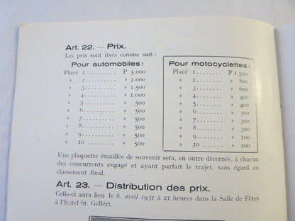 1931 KNAC Budapest Car & Motorcycle Rally Rallye Rules Book FRENCH Text