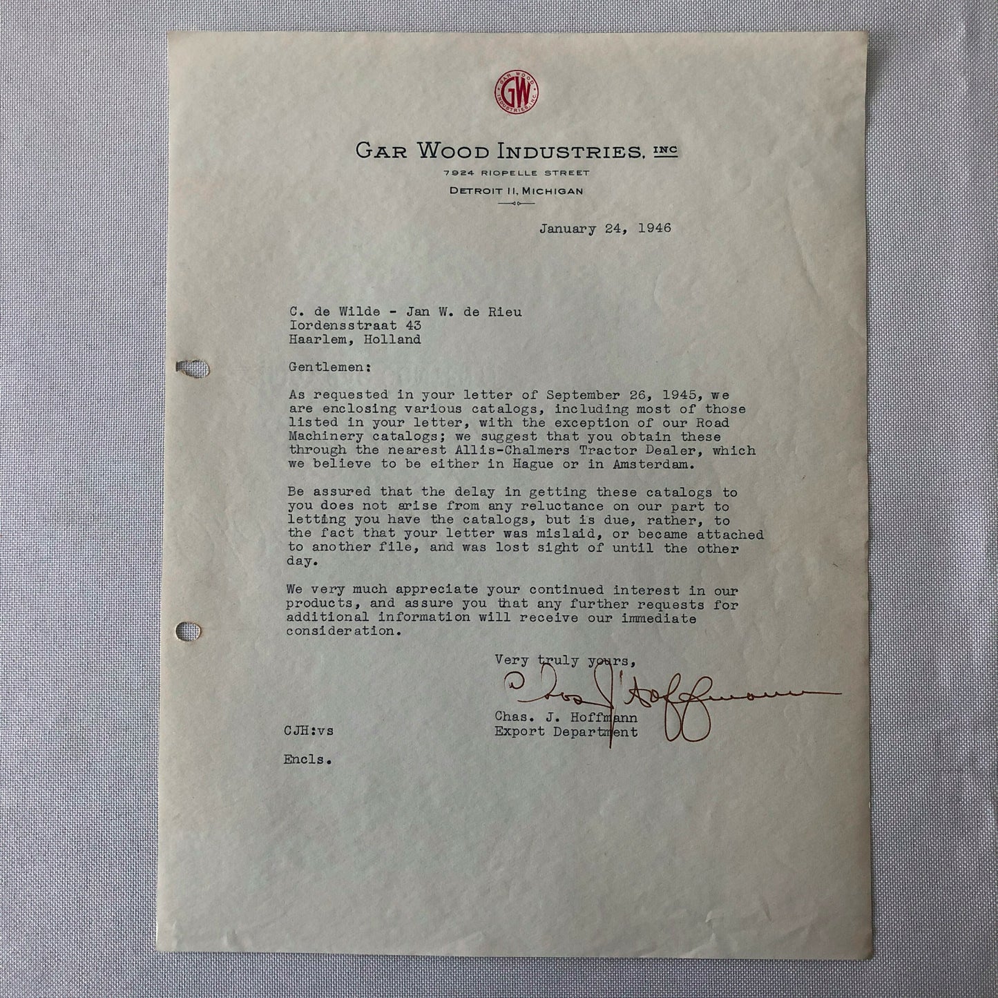 1945 - 1946 Gar Wood Industries Truck and Machinery Letter Letterhead Lot of 2