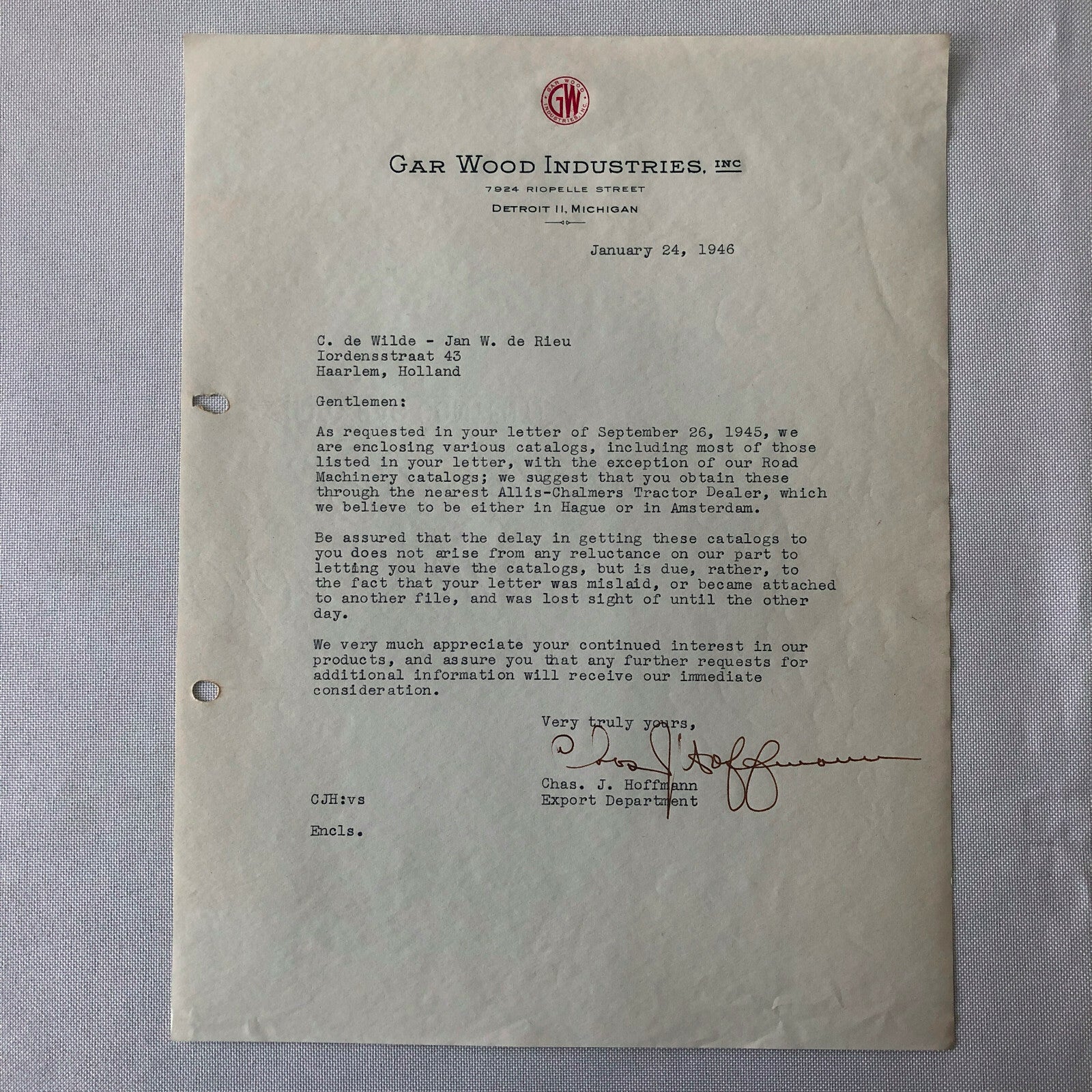 1945 - 1946 Gar Wood Industries Truck and Machinery Letter Letterhead Lot of 2