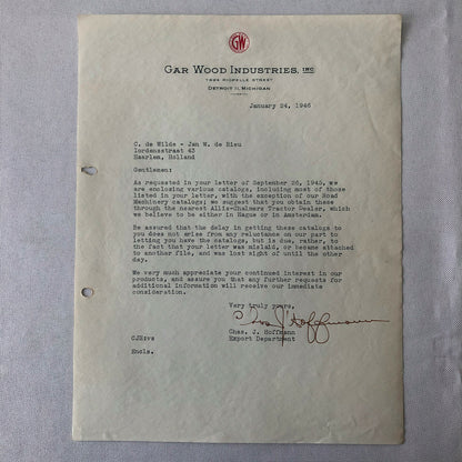 1945 - 1946 Gar Wood Industries Truck and Machinery Letter Letterhead Lot of 2