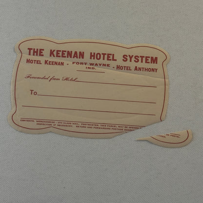 Vintage Hotel Travel Luggage Label Keenan Hotel System Fort Wayne Indiana